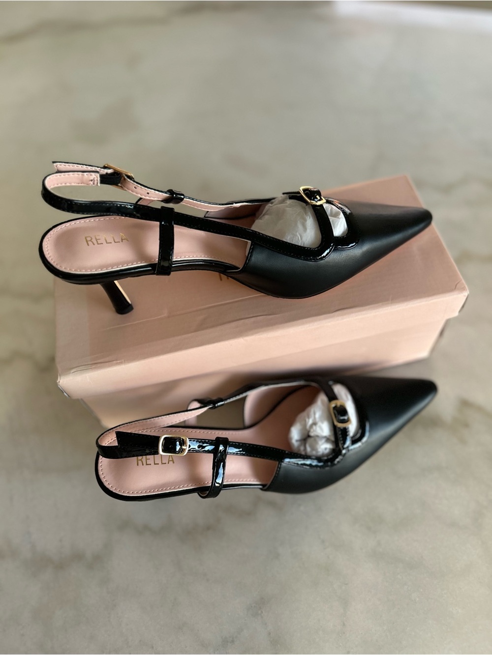 Rella Black Pointed-Toe Slingback Heels with Gold Buckle Accent